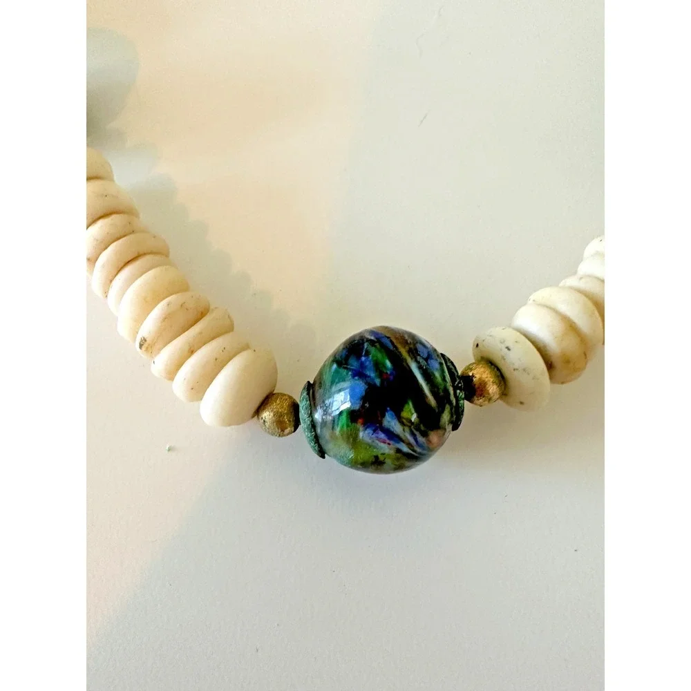 Necklace Murano Bead Swirl Multicolor‎ Off White Stones Chunky Barrel Clasp VTG